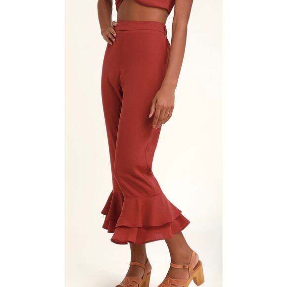 LULU'S Everyday I'm Rufflin' Rust Red Cropped Ruffle Hem Pants size Small - Picture 5 of 8